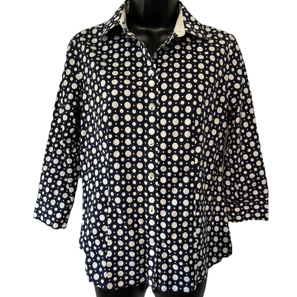 Talbots Petites Navy White Polka Dot Wrinkle Resistant‎ Button Down Shirt 8P